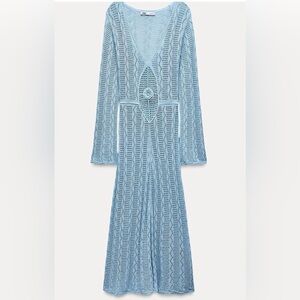 Zara Blue Pleated V-Neck Bell Sleeve Dress